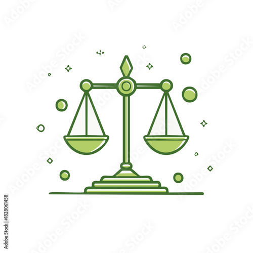 Isolated green scale, balance, and justice icon, law and judgement concept, outline illustration.