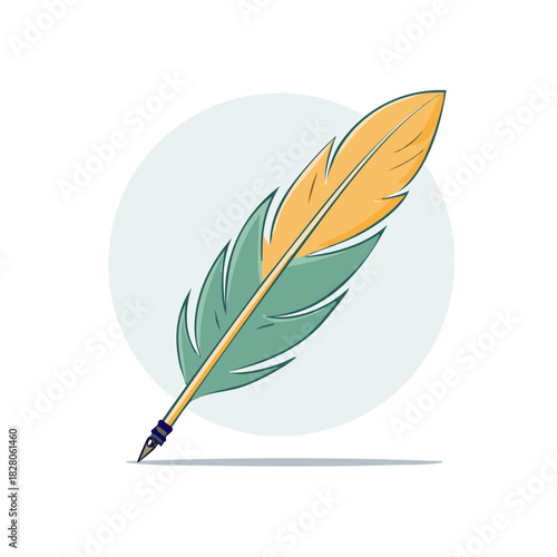 Stylized feather quill pen with yellow and green colors writing tool concept