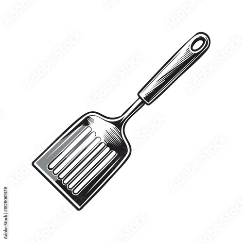 Classic kitchen spatula icon in a vintage woodcut illustration style for cooking or grilling