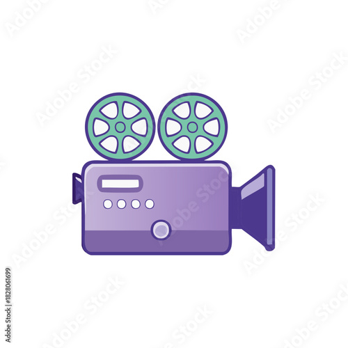 Vintage Movie Camera with Reels and Buttons in Purple and Green Palette