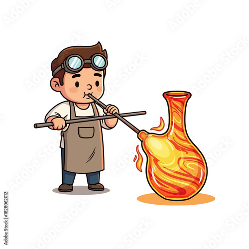 Charming cartoon of a glassblower crafting a vibrant vase with fiery patterns, perfect for creative projects and design inspiration