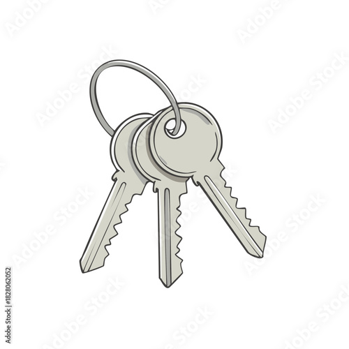 Bunch of three silver metal house keys attached to a keyring isolated on white