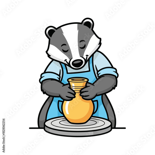 Delightful badger creating pottery with focused calm expression, a charming illustration for children's books or educational projects