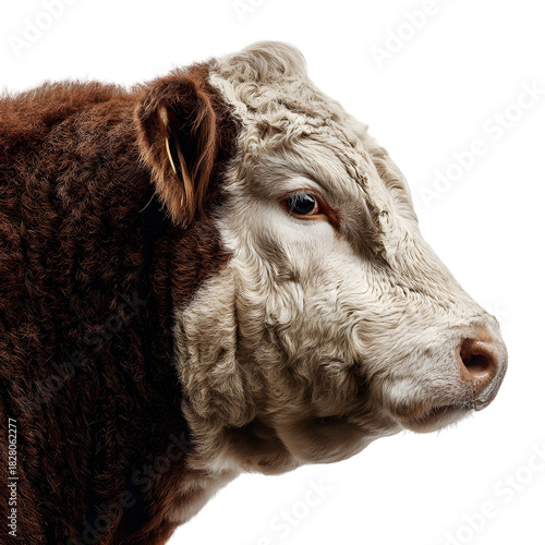 Close up profile of a hereford bull with distinctive white face and brown body isolated on transparent background