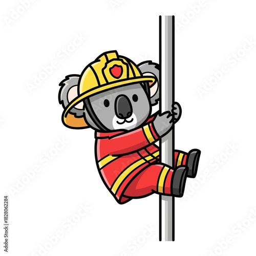Adorable cartoon koala firefighter sliding down the pole ready for a rescue mission, perfect for children's books and safety campaigns