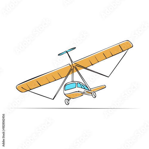 Line art ultralight aircraft with orange wings and blue canopy flying