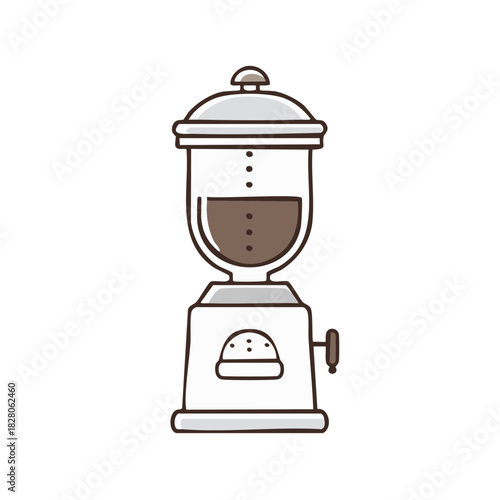 Simple cartoon vector illustration of a coffee grinder machine with beans and manual lever