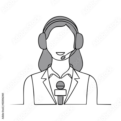 Minimalist line art icon of a female journalist or call center agent with a headset and microphone