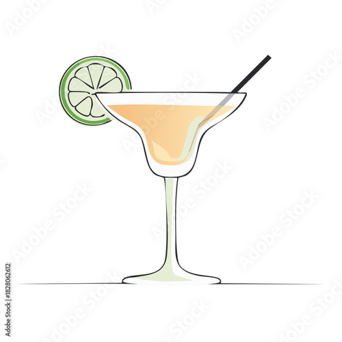 Minimalist Cocktail Drink in Margarita Glass with Fresh Lime Garnish and Straw Illustration