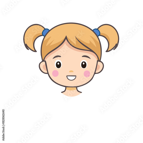 Happy smiling cartoon girl face with blonde pigtails and rosy cheeks an adorable child illustration
