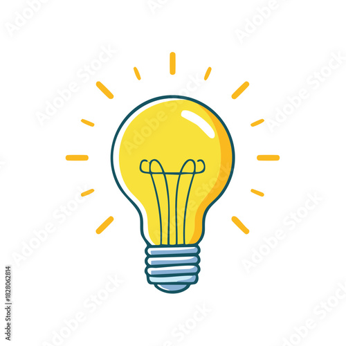 Glowing yellow light bulb cartoon illustration radiating bright creative idea and energy