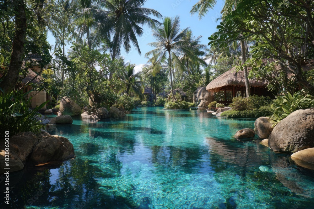 Naklejka premium Serene tropical swimming pool scene in Bali surrounded by lush greenery and palm trees on a bright sunny day