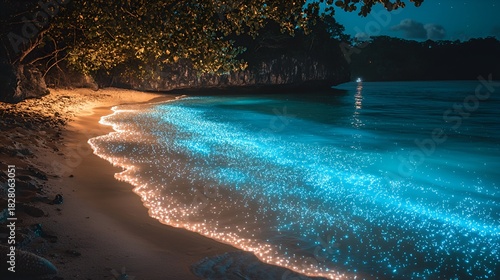 Bioluminescent waves glowing on a tropical beach at night. (1)