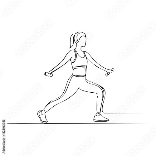 Continuous line drawing of a woman doing lunges with dumbbells for fitness and exercise