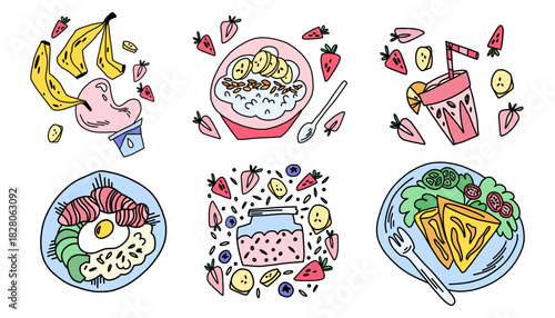 A large collection of varied healthy breakfasts with granola, porridge, omelettes and bowls