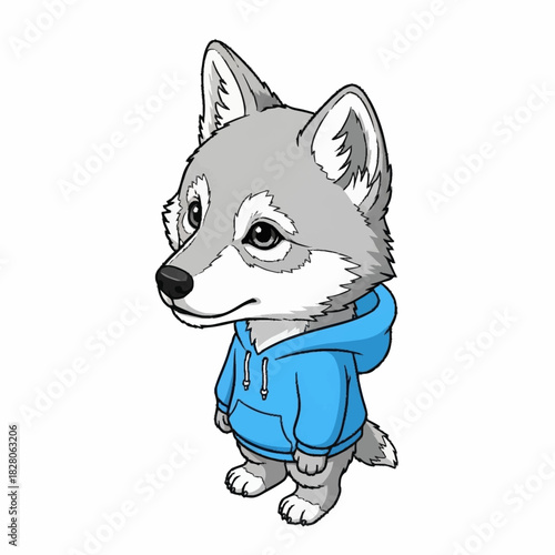 Cute cartoon wolf cub wearing a blue hoodie standing and looking to the side.