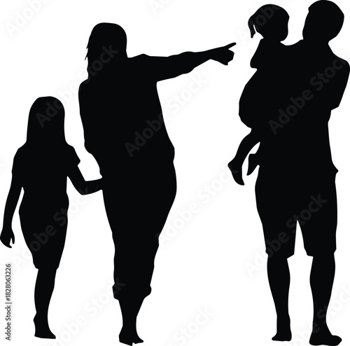 Silhouette illustration of a family walking together, showing parenting, bonding, guidance, and love in vector graphic style.
