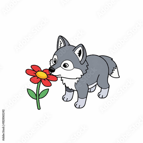 Cute cartoon wolf cub smelling a red flower with green stem and leaves.