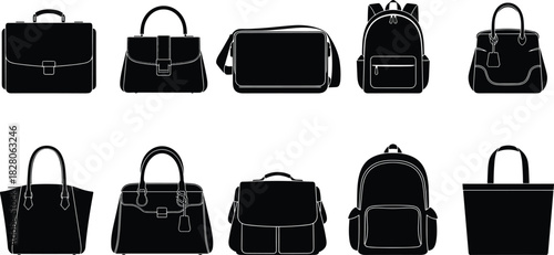Set of Black Silhouette Bag Icons Collection Including Briefcase Handbag Backpack Tote and Satchel Vector Outline Illustration for Fashion Business Travel and Shopping.