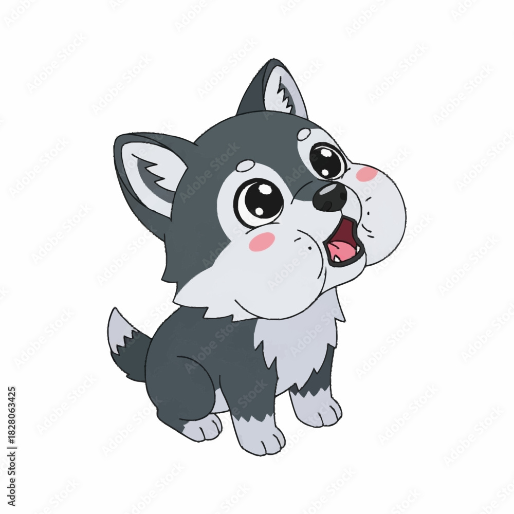 Fototapeta premium Adorable Cartoon Wolf Cub with Big Eyes and Rosy Cheeks.
