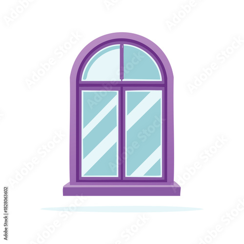 Vibrant purple arched window frame with light blue glass panes flat cartoon illustration
