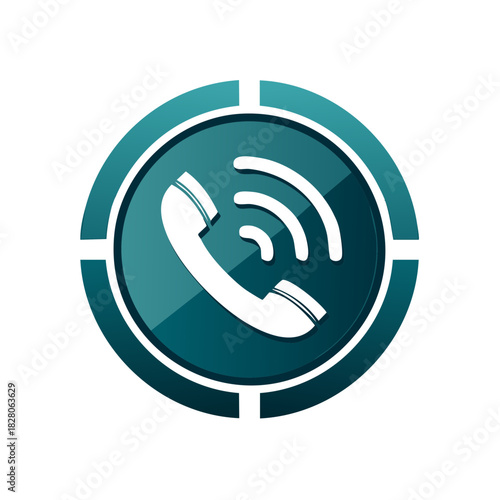 Telephone receiver icon with radiating waves in a teal circle communication button