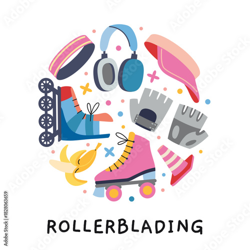 A circular composition with rollerblading concept. Skates, gloves, and other. Trendy vector illustration isolated on white, hand drawn, flat design