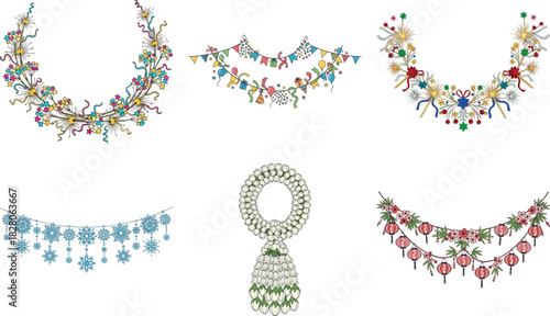 Collection of traditional thai garlands isolated on transparent background, crafted from fresh flowers and intricate designs