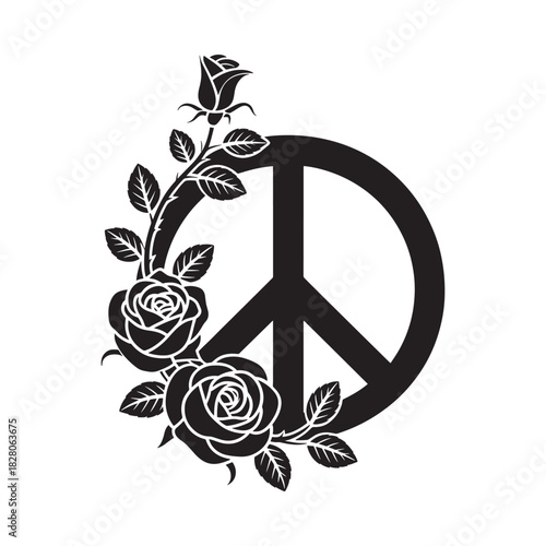Peace symbol adorned with black roses and leaves