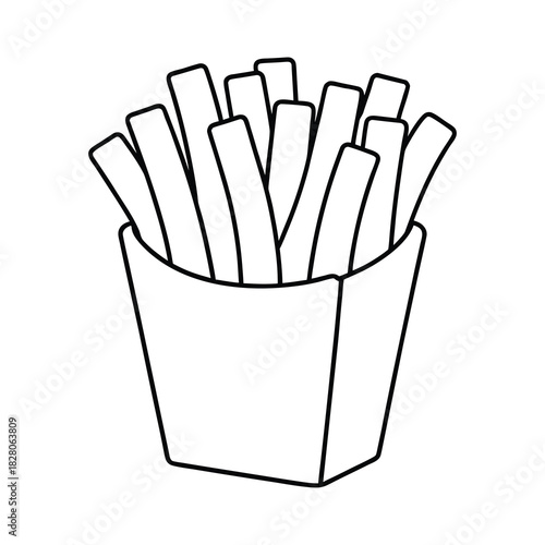 Yellow french fries in a white fast food box with red ketchup, isolated potato snack meal