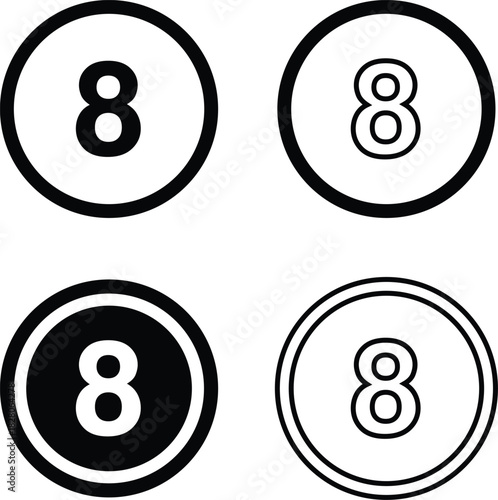 Eight, Number 8 Icon Inside Circle, Line Icon – Minimalist Vector Symbol Illustration Isolated on White Background