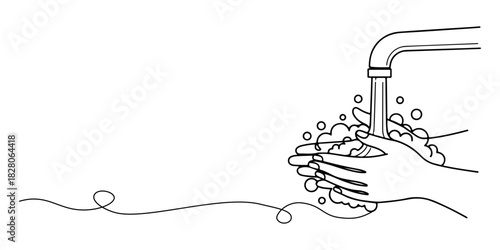 Continuous one line of a hand washing, symbolizing hygiene education, drawn vector illustration.