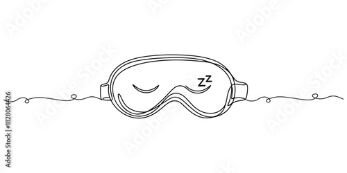 Continuous one line of a sleep mask with soft rounded shapes, symbolizing healthy sleep habits, drawn vector illustration.