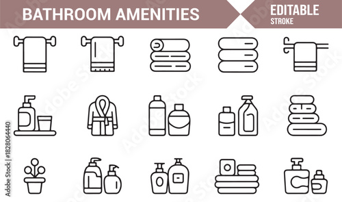 Linear bathroom items icon set for graphic and branding projects