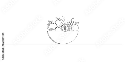 Continuous one line of a fruit bowl, symbolizing nutrition education, drawn vector illustration.