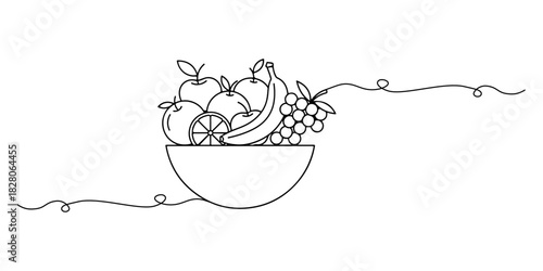 Continuous one line of a fruit bowl, symbolizing nutrition education, drawn vector illustration.