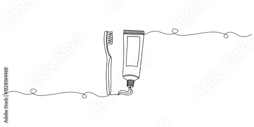 Continuous one line of a toothbrush and toothpaste, symbolizing dental health awareness, drawn vector illustration.