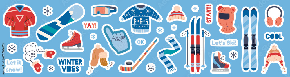 Fototapeta premium Winter sports and clothing set in sticker style. Skiing, snowboarding and skating. Cold season gear concept. Die cut with white outline. Trendy modern flat vector illustration