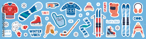 Winter sports and clothing set in sticker style. Skiing, snowboarding and skating. Cold season gear concept. Die cut with white outline. Trendy modern flat vector illustration