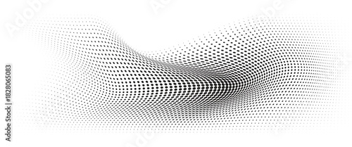 Flowing Wave Dot Halftone Pattern: Curve Gradient Shape on Transparent Background. Suitable for AI, Tech, Network, Digital, Science, and Technology Themes.