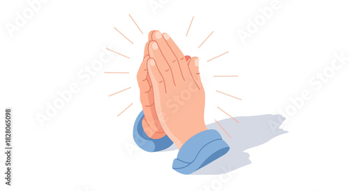 Praying hands in flat design with light rays on white background
