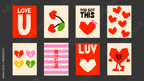 Playful grunge love print with rough edges and bright accents. A modern Valentine poster for cool expressive spaces.
