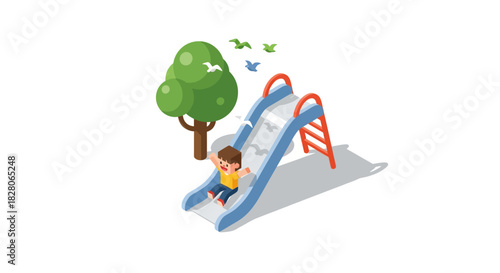 Child playing on slide with birds and tree in playful isometric park scene