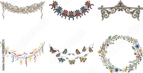Collection of decorative vintage garlands, wreaths, and borders isolated on transparent background vector elements