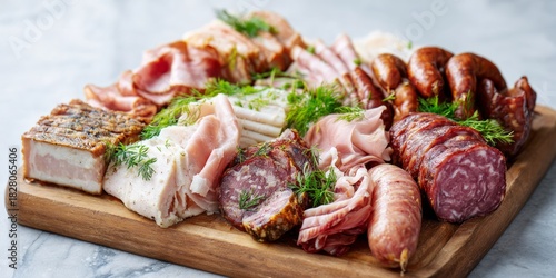 Delightful assortment of pork cold cuts and sausages showcasing culinary artistry and vibrant flavors in a sunlit setting