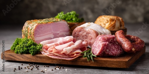 Delicious display of assorted pork cold cuts and sausages on a wooden board with fresh garnishing in bright daylight