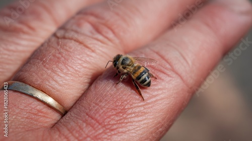 Bee sting causes swelling on hand with close-up view of a honeybee resting on skin during a warm summer afternoon