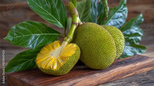 Discovering the unique textures and colors of raw jackfruit displayed on a rustic wooden surface