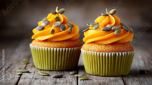 Delicious pumpkin cupcakes adorned with seeds, capturing the essence of rustic autumn gatherings on a wooden table