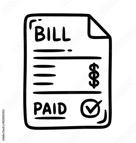 A hand-drawn illustration of a bill marked as paid with a checkmark.